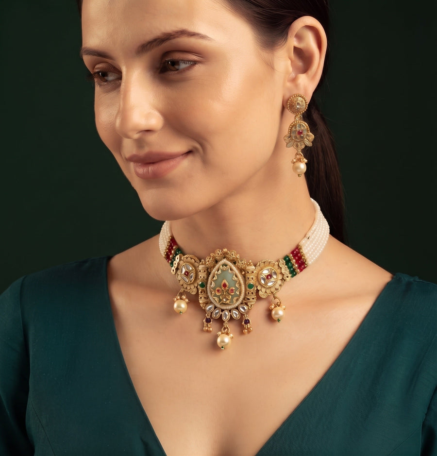 Women Gold Plated Traditional Choker Jewellery Set