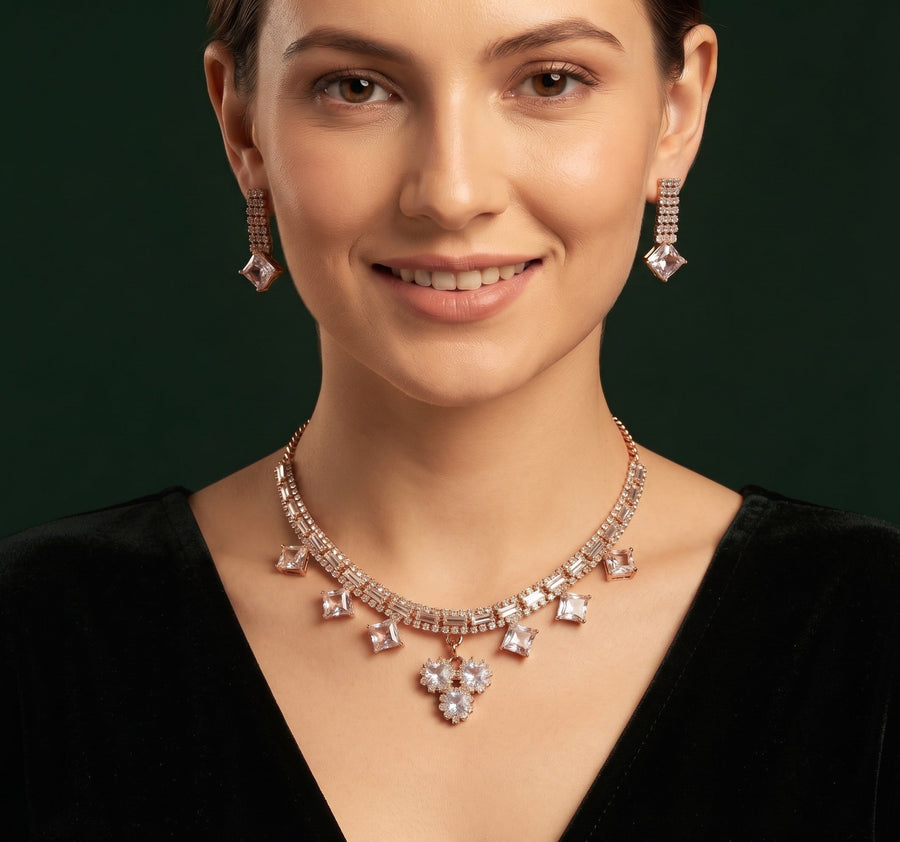 Rose Gold-Toned Minimal Necklace with Earrings Jewellery Set