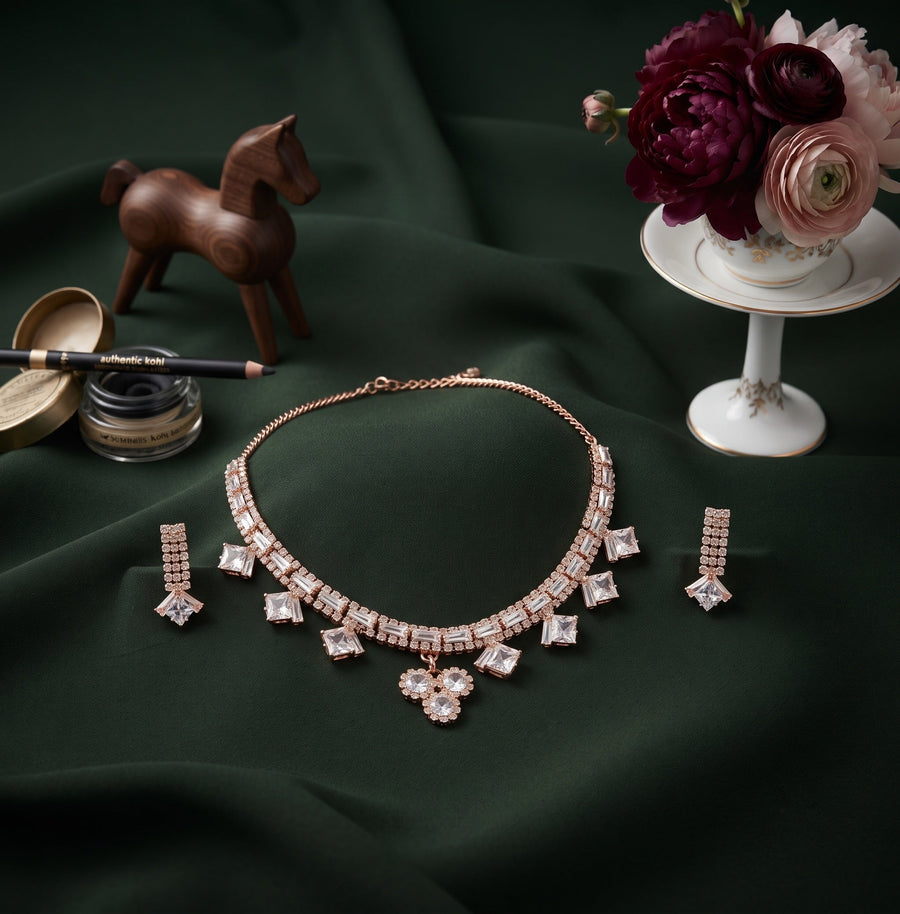 Rose Gold-Toned Minimal Necklace with Earrings Jewellery Set
