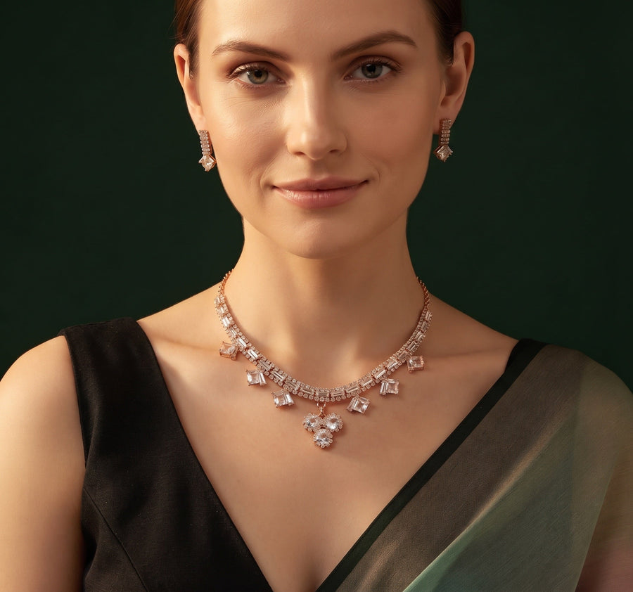 Rose Gold-Toned Minimal Necklace with Earrings Jewellery Set