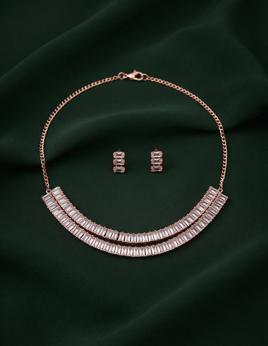 Rose Gold-Toned Minimal Necklace with Earrings Jewellery Set