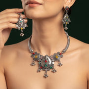 Women Silver Plated Stone Beaded Oxidised Jewellery Set With Mang Tikka