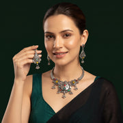 Women Silver Plated Stone Beaded Oxidised Jewellery Set With Mang Tikka