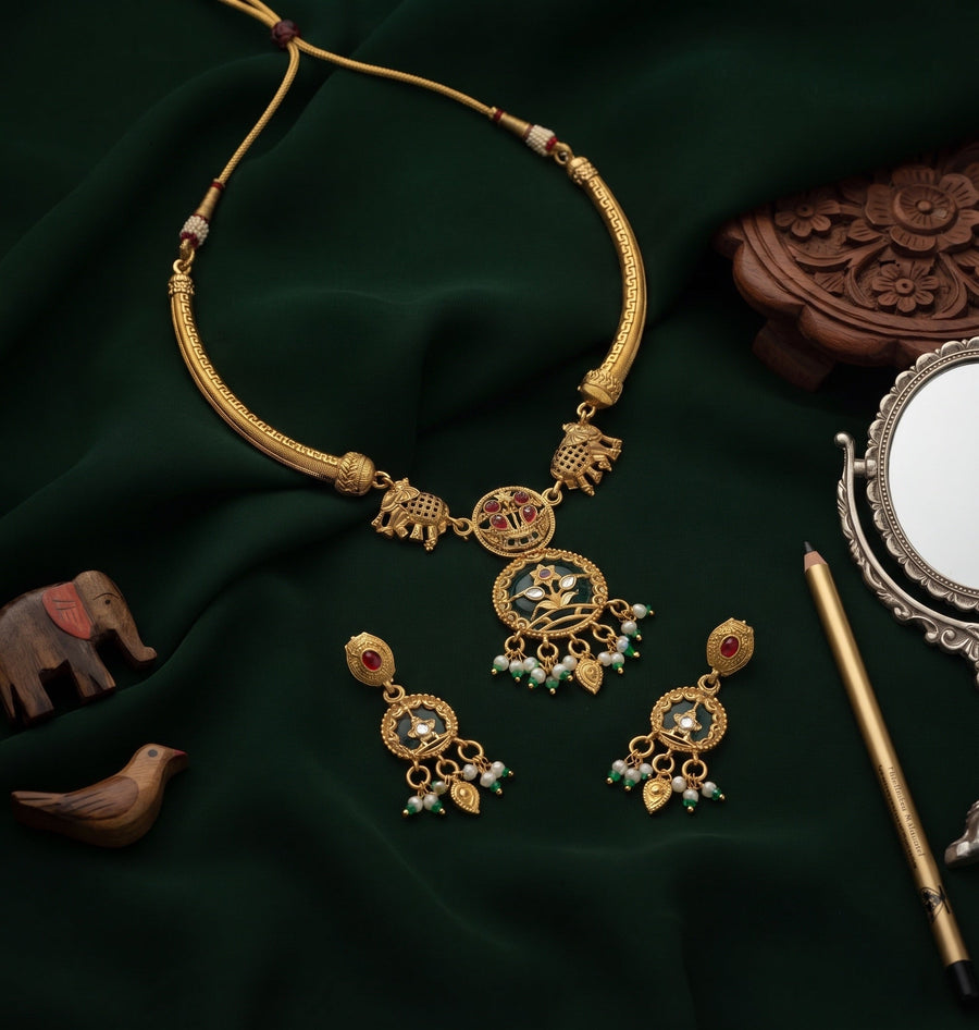 Gold-Plated CZ Kashmiri Jewellery Set