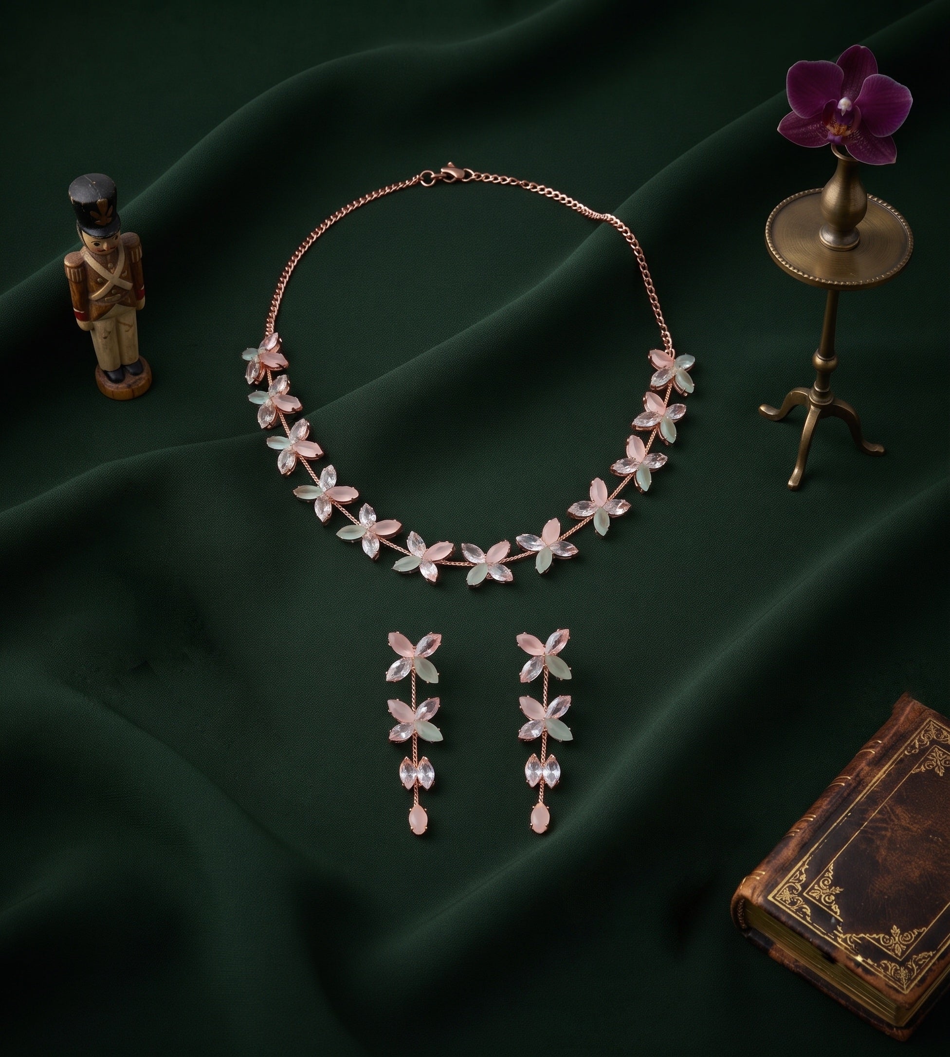 Rose Gold-Toned Minimal Necklace with Earrings Jewellery Set