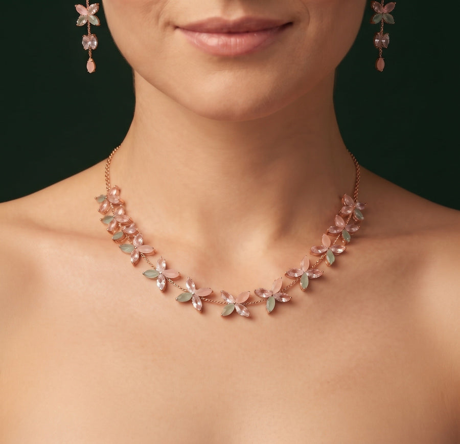 Rose Gold-Toned Minimal Necklace with Earrings Jewellery Set