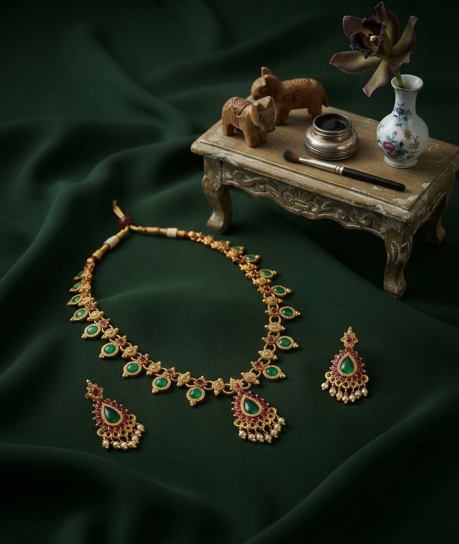 Women Gold Plated Green Stone Beaded Jewellery Set