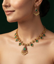 Women Gold Plated Green Stone Beaded Jewellery Set