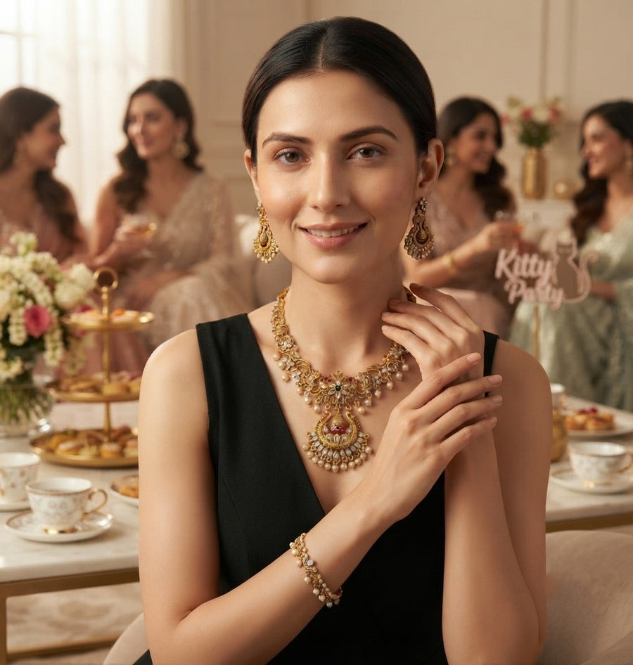 Women Gold Plated Beaded Jadau Jadau Jewellery Set