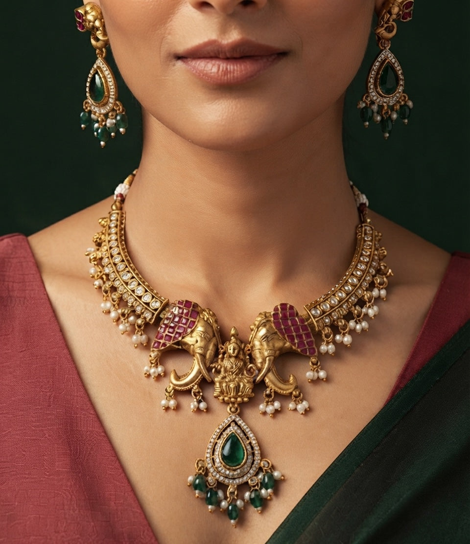 Women Gold Plated Ston Beaded Jadau Jewellery Set