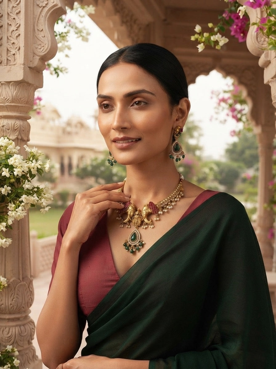 Women Gold Plated Ston Beaded Jadau Jewellery Set