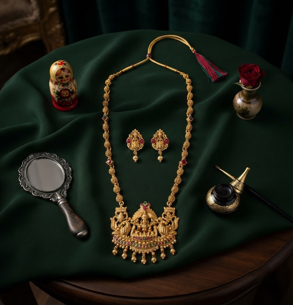 Gold-Toned Temple Jewellery Set With Matching Earrings