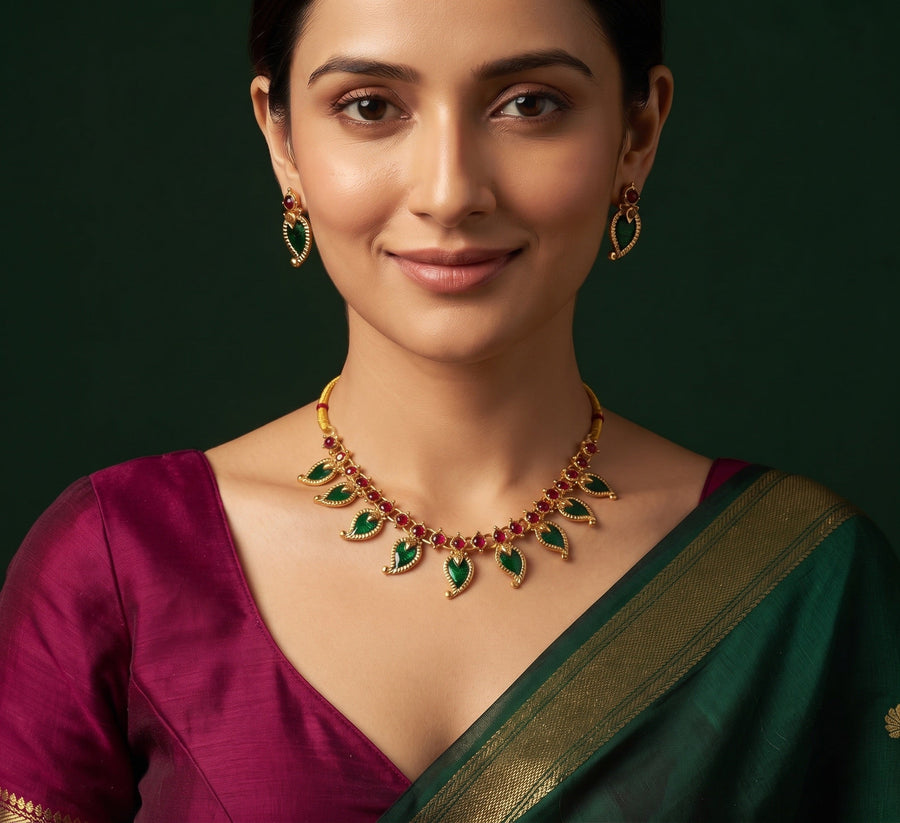 Women Gold Plated Green Stone Beaded Jewellery Set
