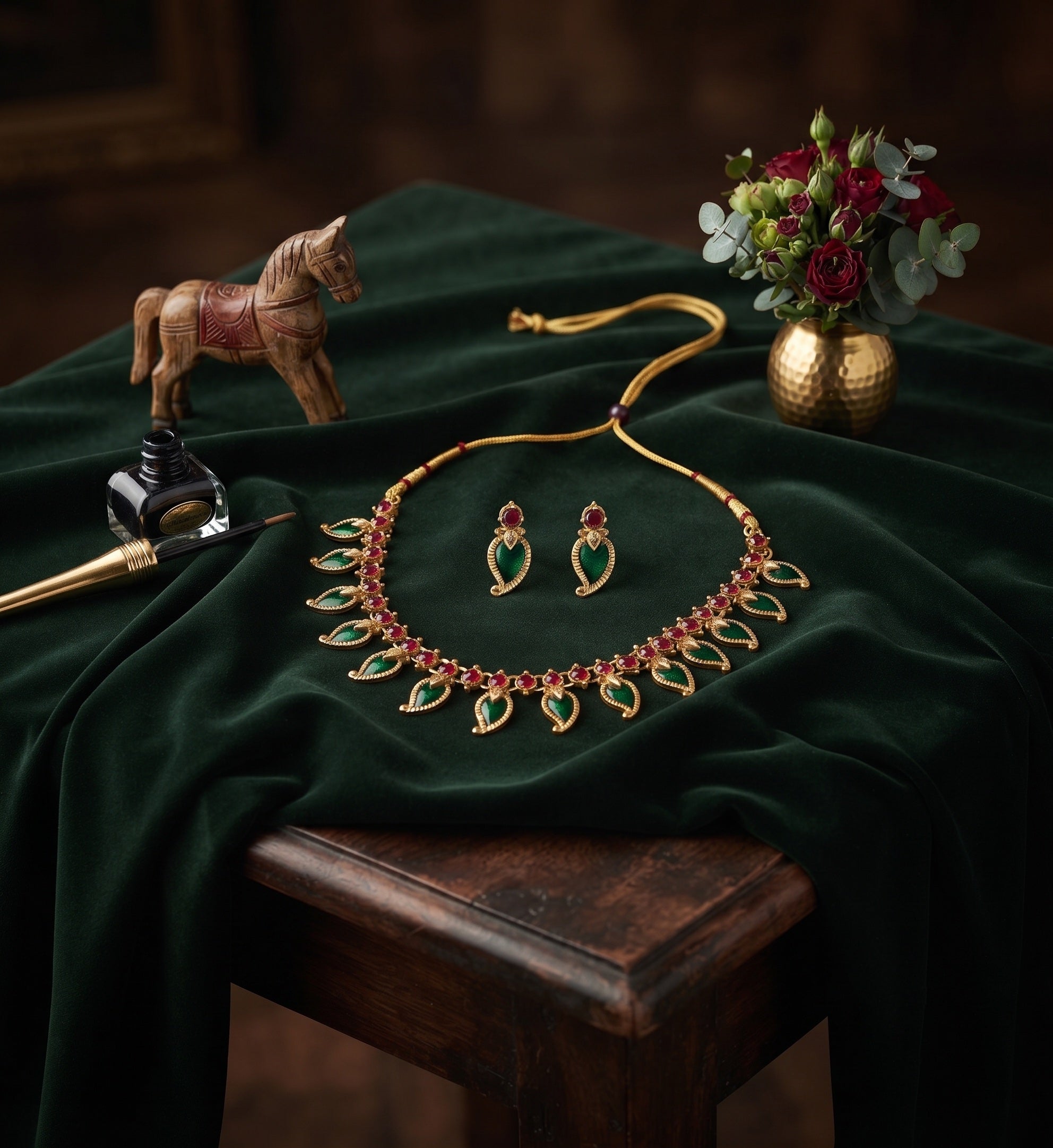 Women Gold Plated Green Stone Beaded Jewellery Set