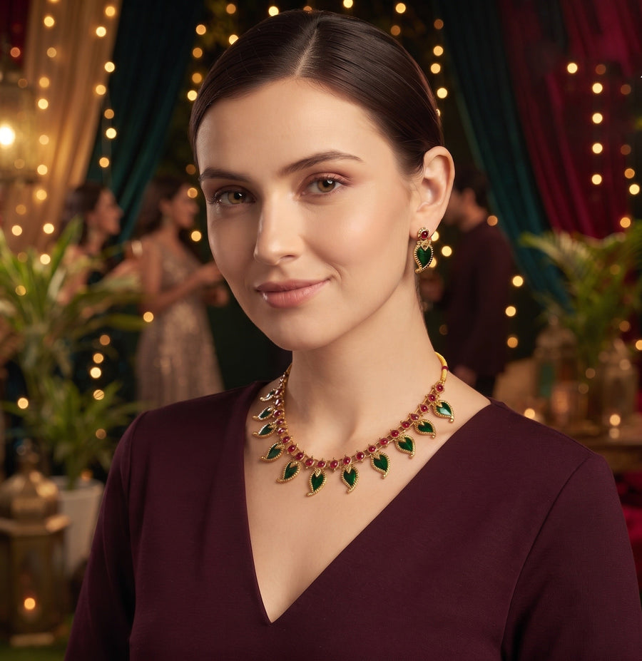 Women Gold Plated Green Stone Beaded Jewellery Set