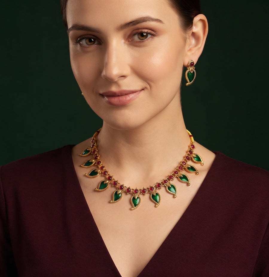 Women Gold Plated Green Stone Beaded Jewellery Set