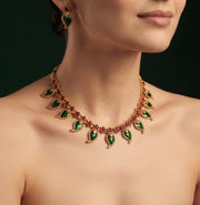 Women Gold Plated Green Stone Beaded Jewellery Set