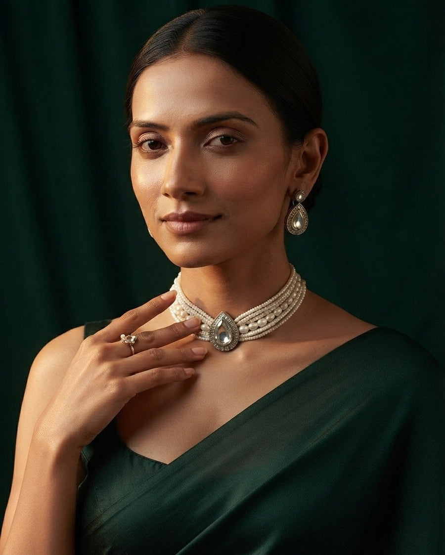 Beautiful White Pearls Statement Jewellery Set For Women