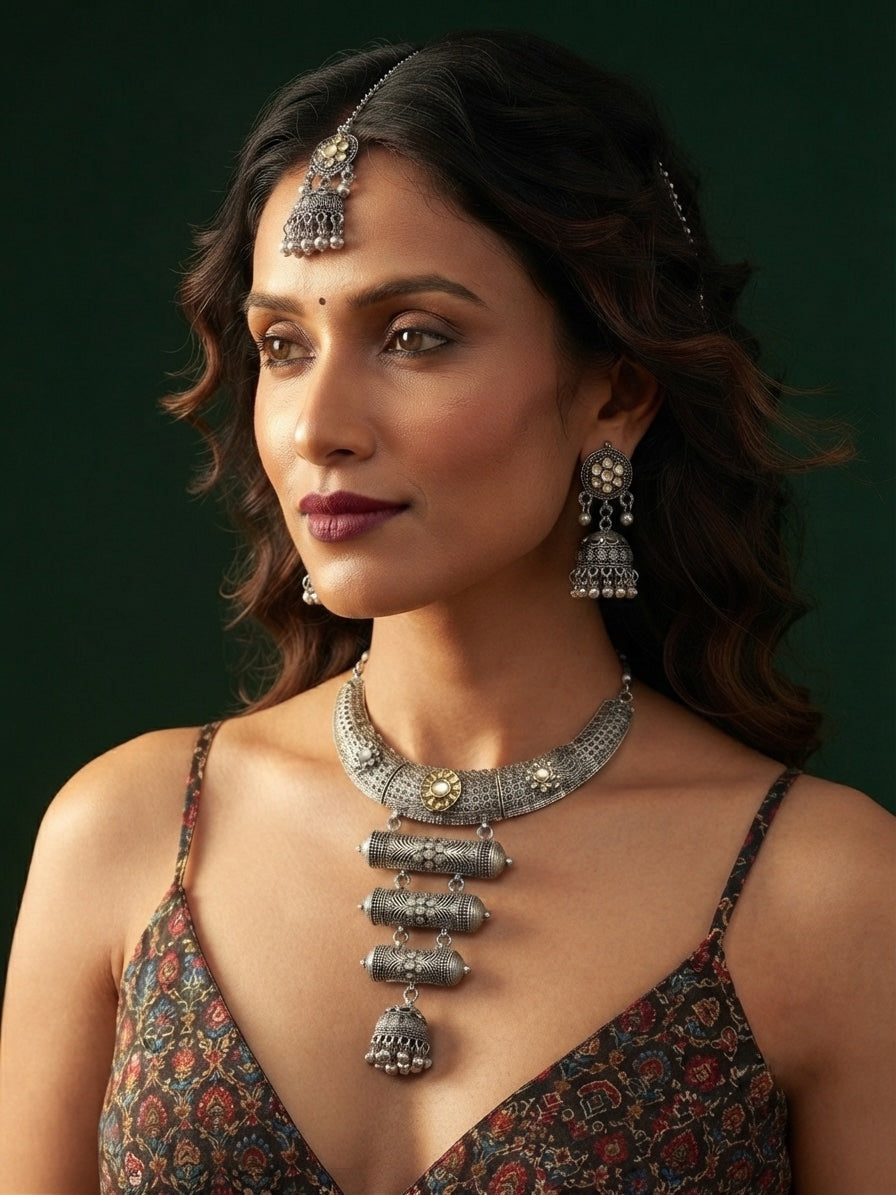 Women Silver Plated Oxidised Jewellery Set