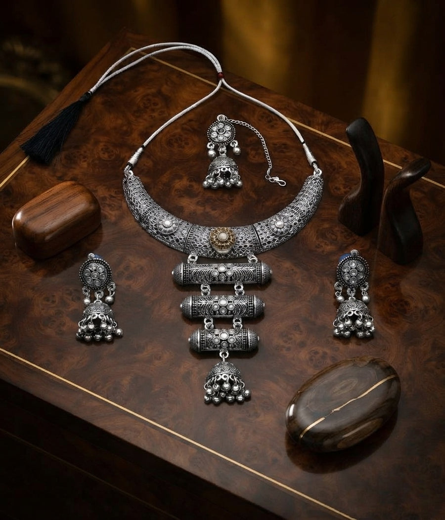 Women Silver Plated Oxidised Jewellery Set