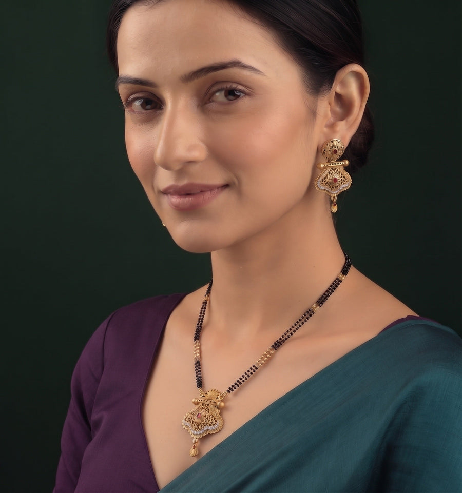 Premium Gold-Toned Zircon AD Stone Mangalsutra With Matching Earrings