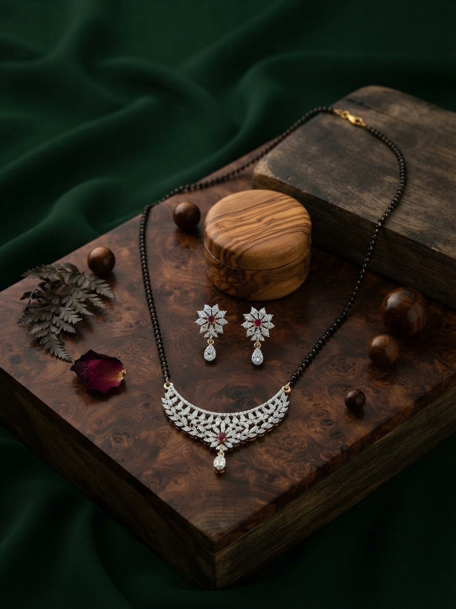 Premium American Diamond Mangalsutra With Matching Earrings