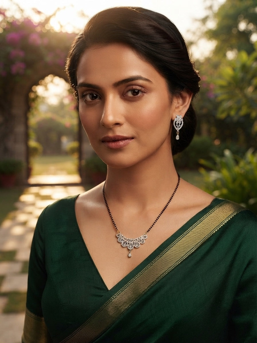 Premium American Diamond Mangalsutra With Matching Earrings