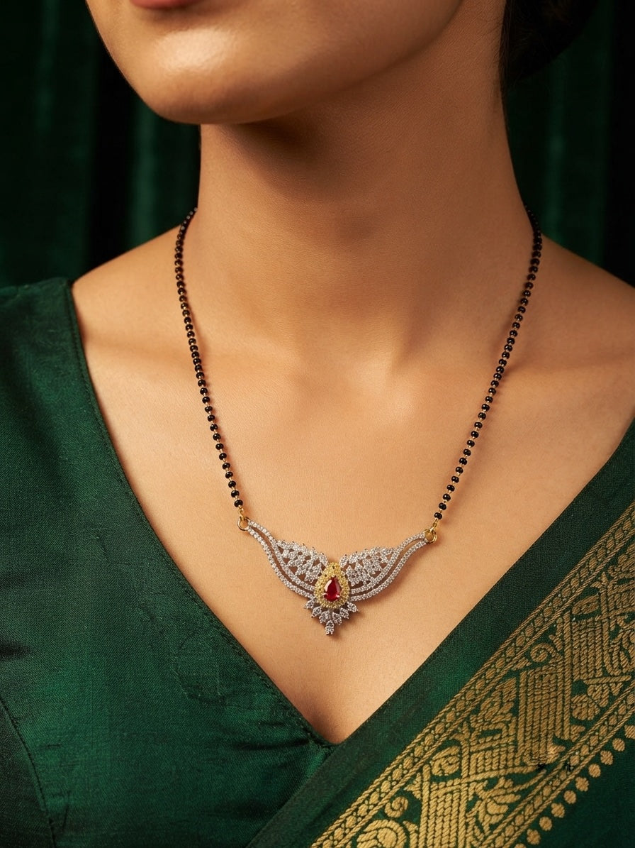 Premium Gold-Toned Zircon AD Stone Mangalsutra With Matching Earrings