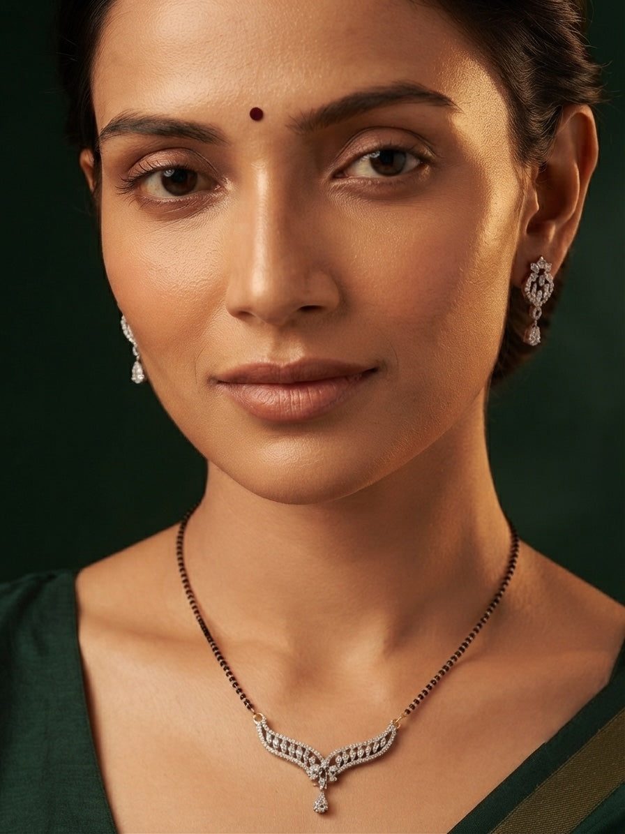 Premium Gold-Toned Zircon AD Stone Mangalsutra With Matching Earrings