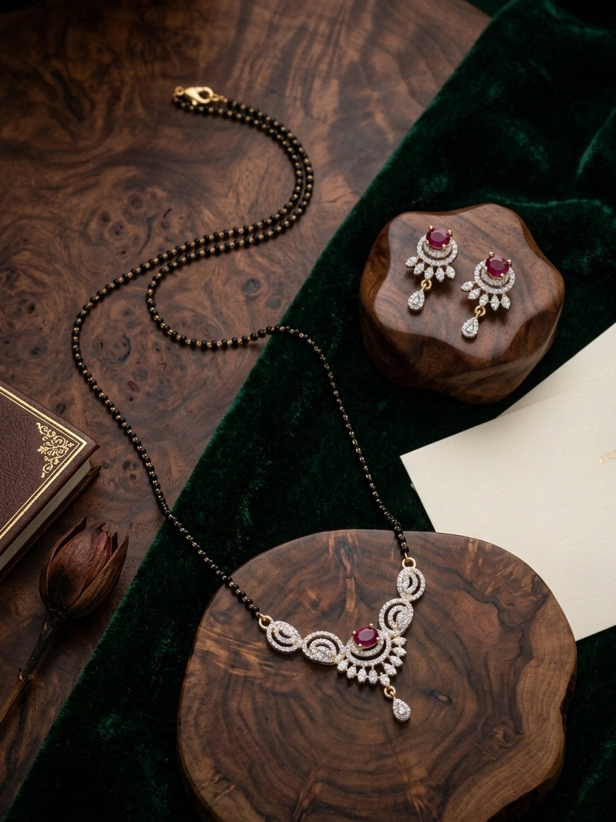 Premium American Diamond Mangalsutra With Matching Earrings