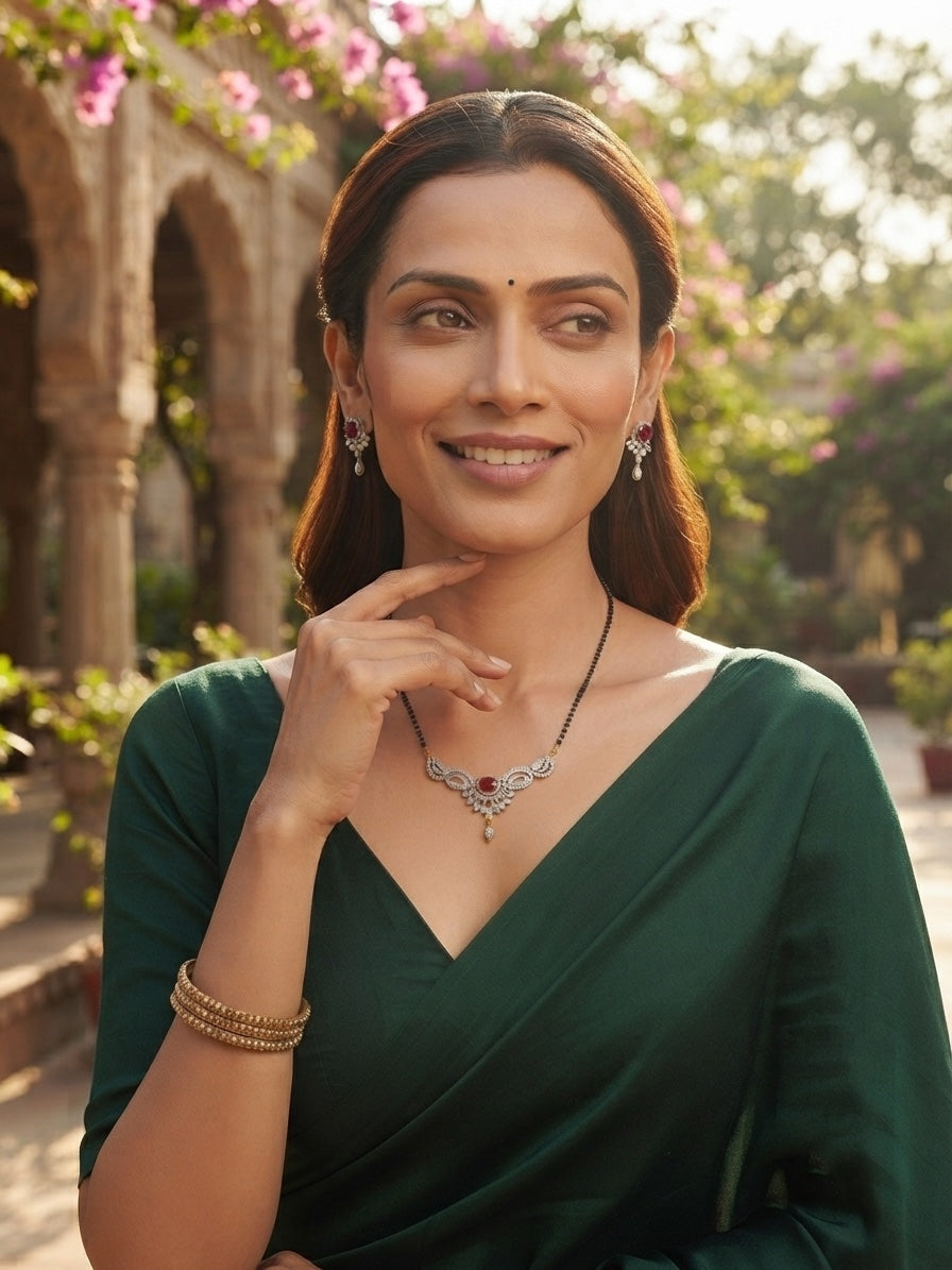 Premium American Diamond Mangalsutra With Matching Earrings
