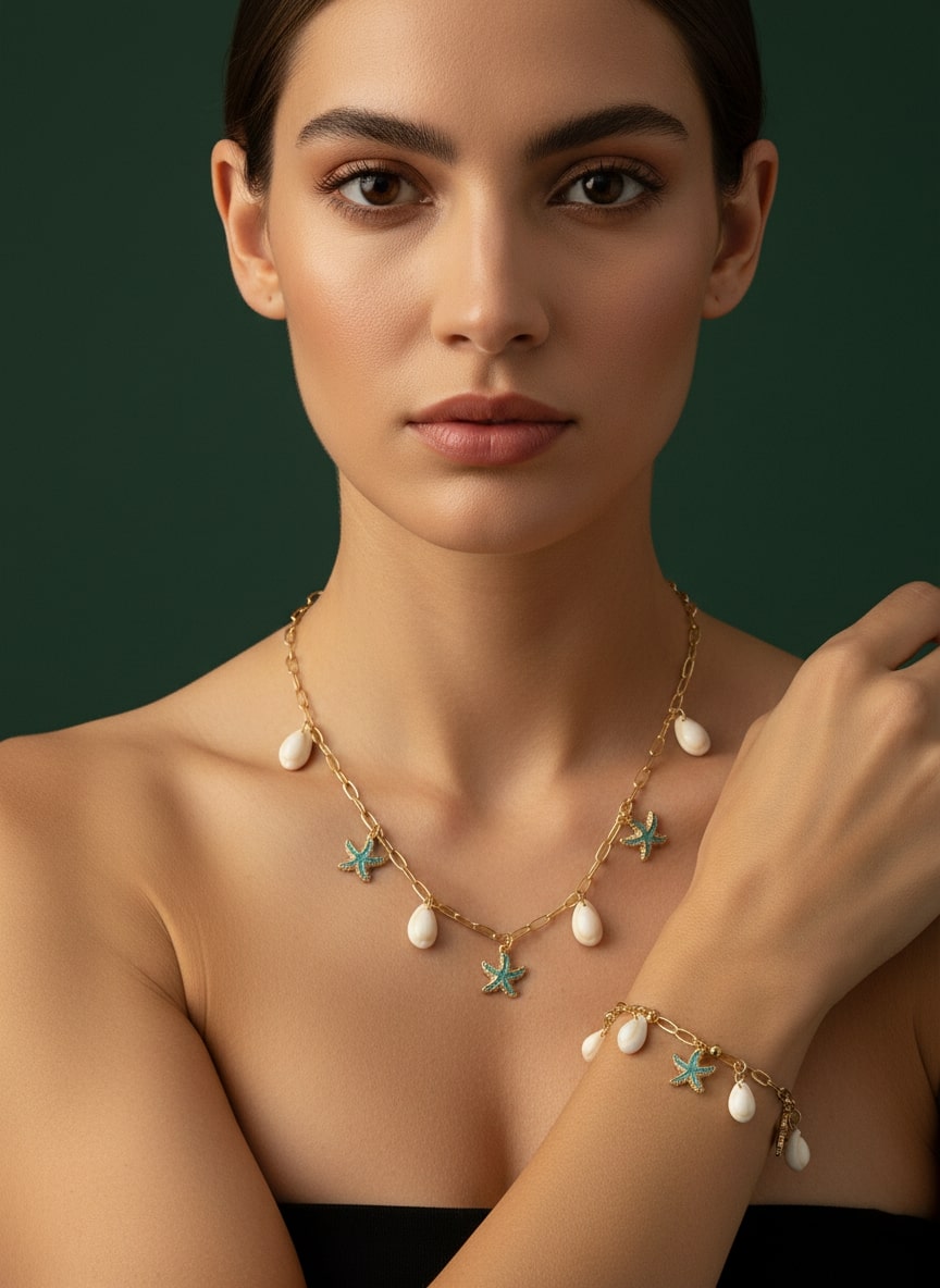 Trendy Stars & SeaShell Necklace With Bracelet
