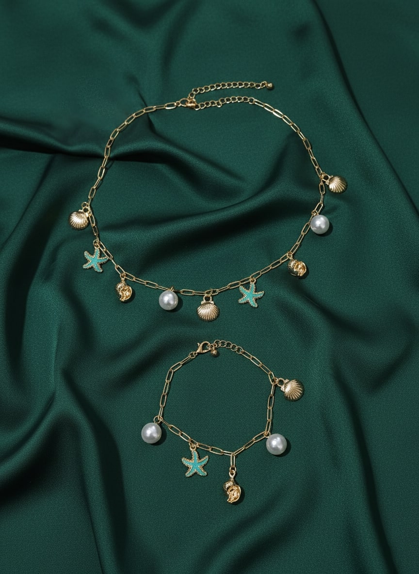 Trendy Stars & Pearls Necklace With Bracelet