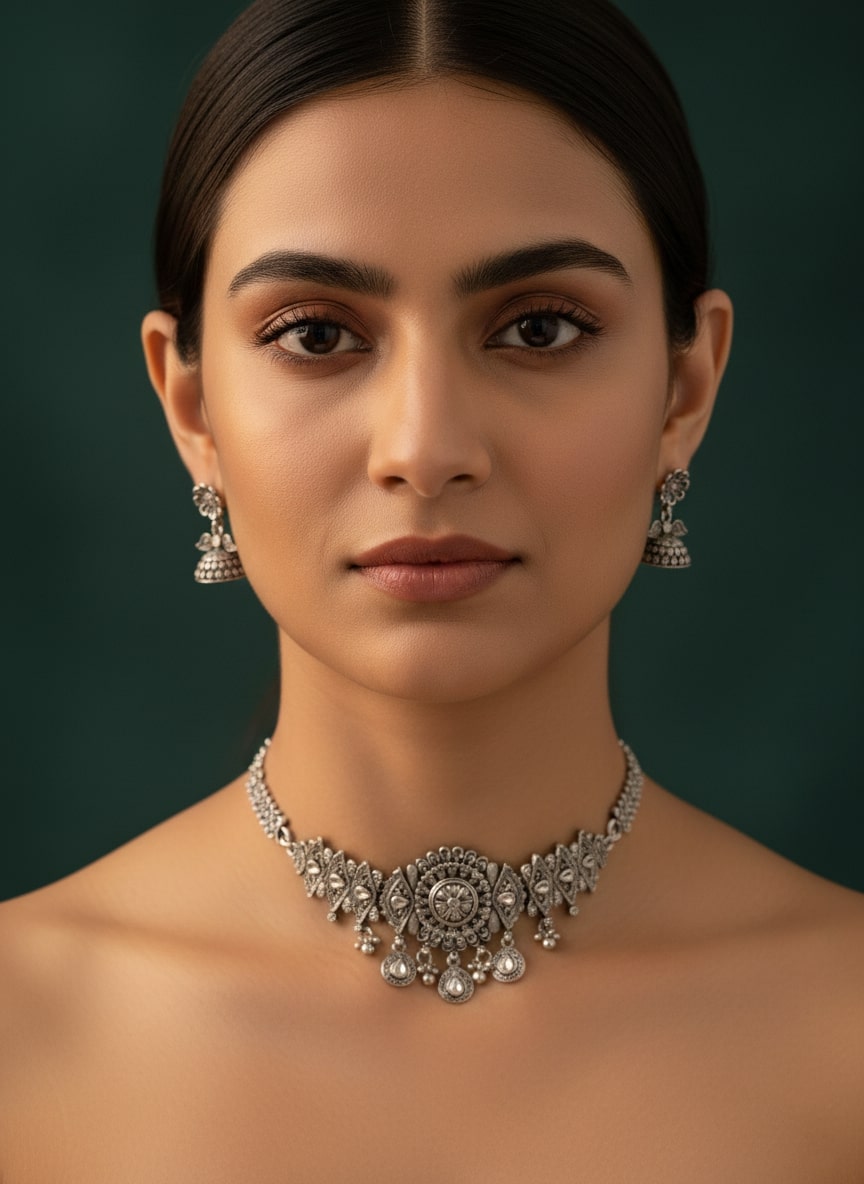 Oxidized Silver Plated Choker Necklace With Earrings