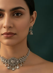 Oxidized Silver Plated Choker Necklace With Earrings