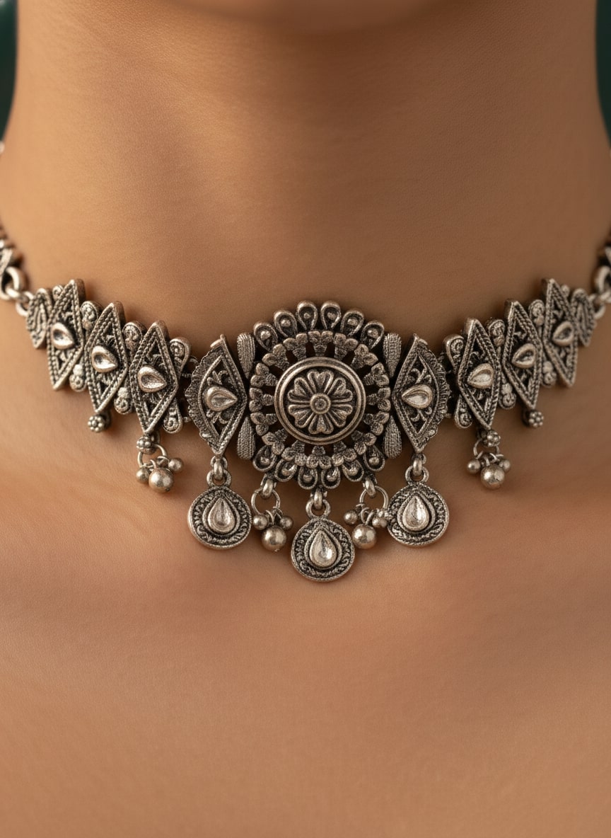 Oxidized Silver Plated Choker Necklace With Earrings