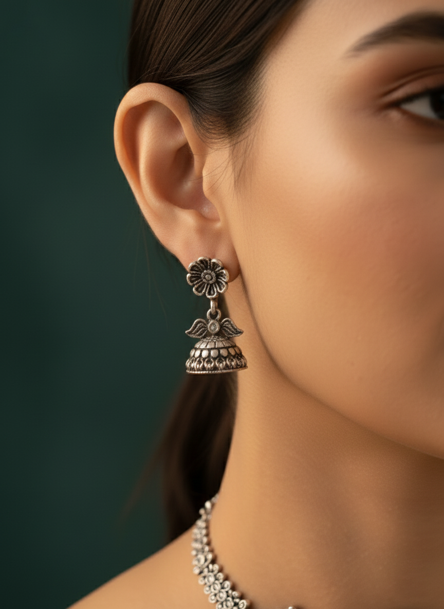 Oxidized Silver Plated Choker Necklace With Earrings