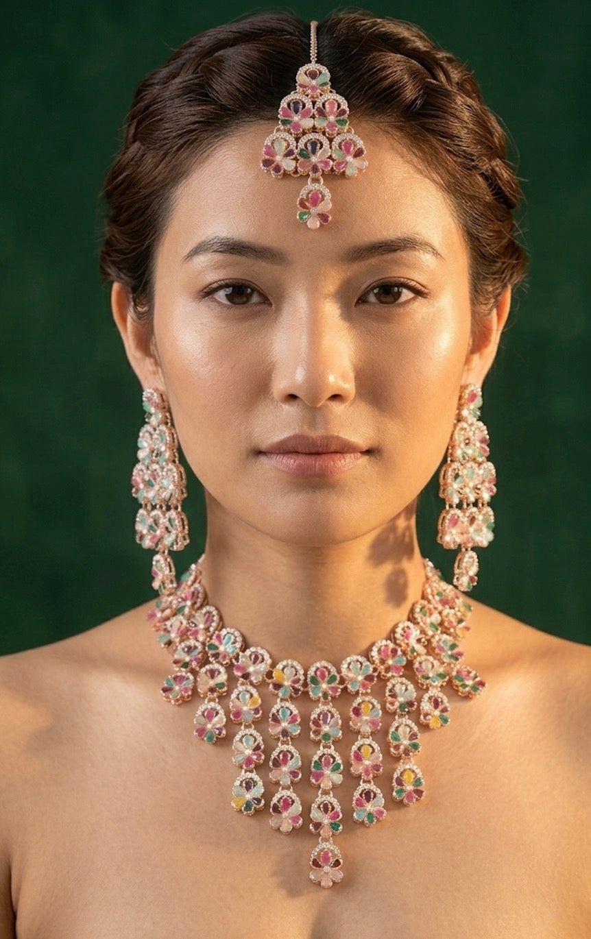 Rose Gold Plated Multicolor Stone Necklace With Earrings And Mang Tika