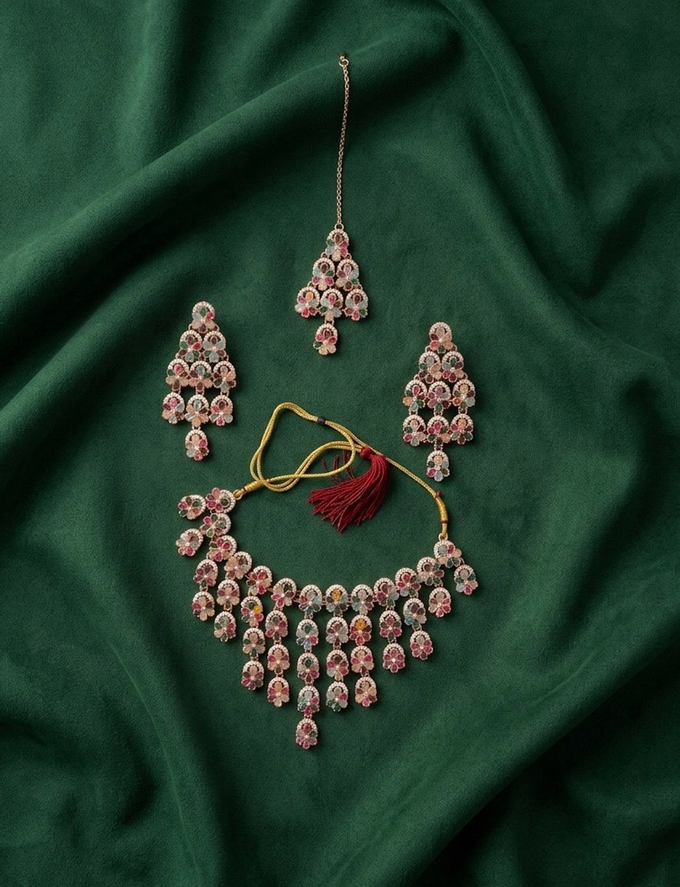 Rose Gold Plated Multicolor Stone Necklace With Earrings And Mang Tika