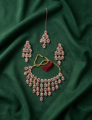 Rose Gold Plated Multicolor Stone Necklace With Earrings And Mang Tika