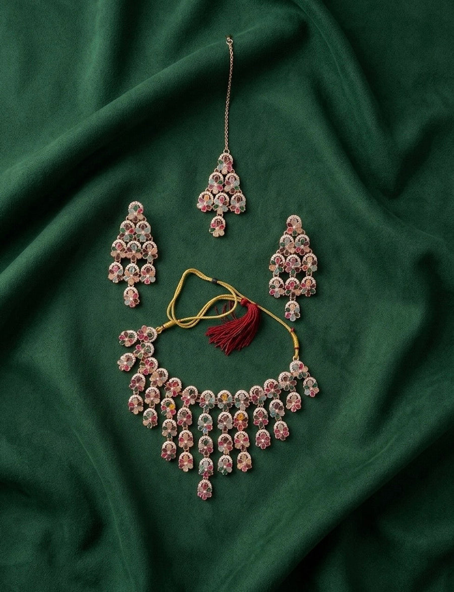 Rose Gold Plated Multicolor Stone Necklace With Earrings And Mang Tika