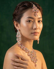 Rose Gold Plated Multicolor Stone Necklace With Earrings And Mang Tika