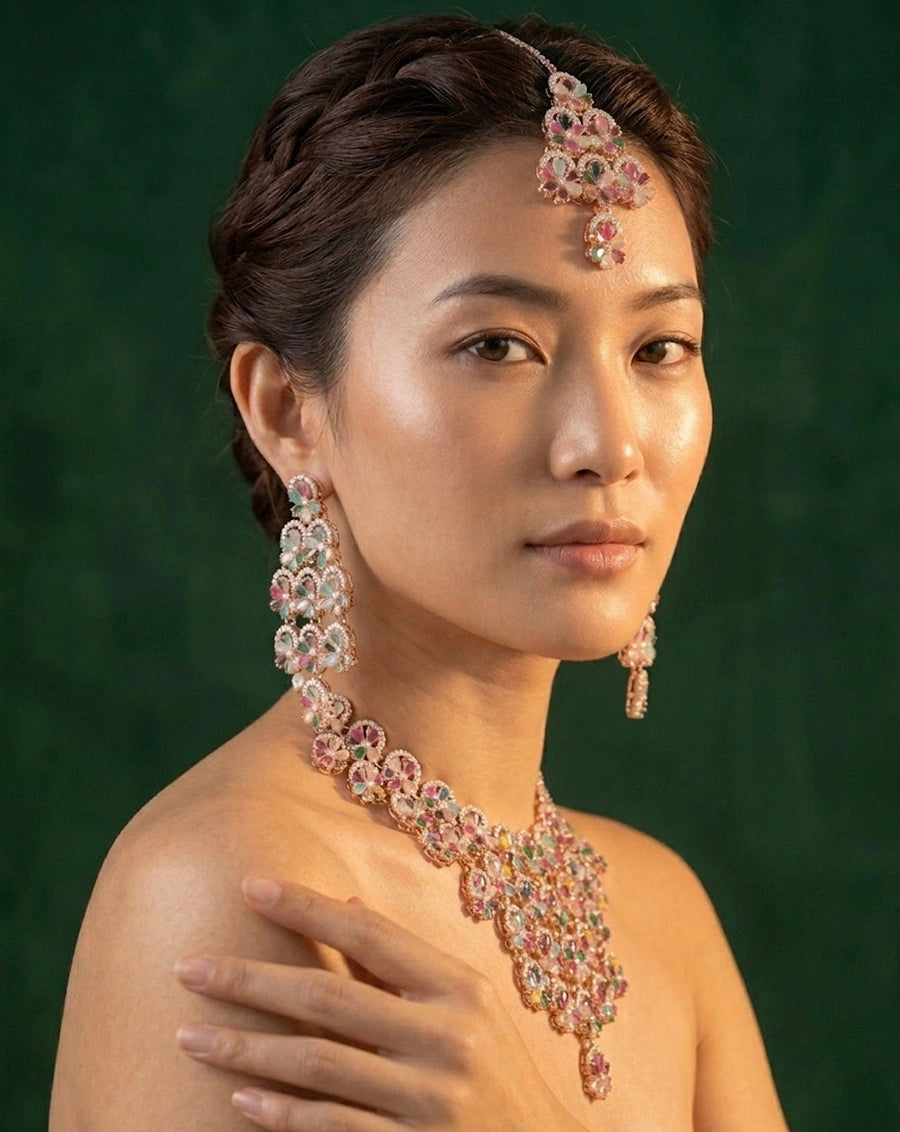 Rose Gold Plated Multicolor Stone Necklace With Earrings And Mang Tika