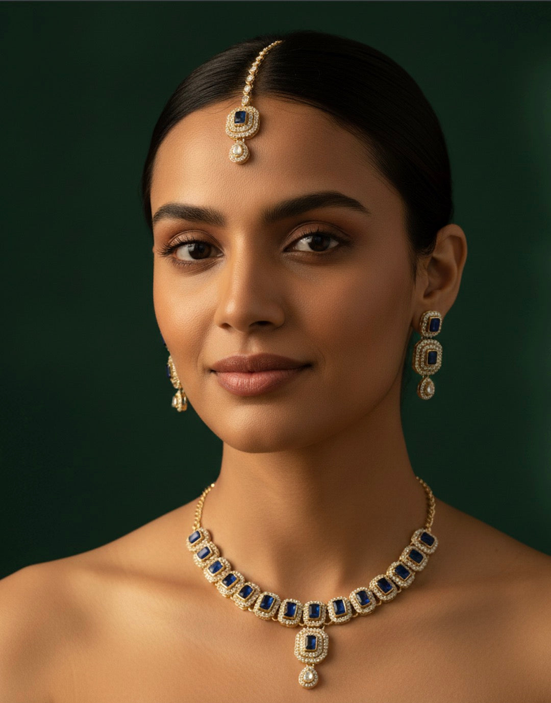 Emerald Kundan Necklace With Earings & Mang Tika