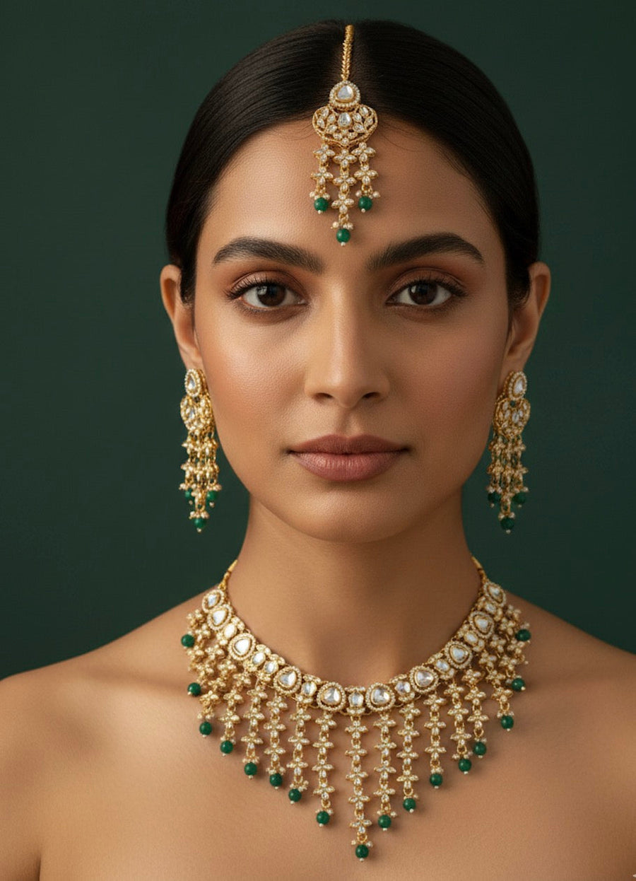 Trendy Kundan Necklace With Earings & Mang Tika