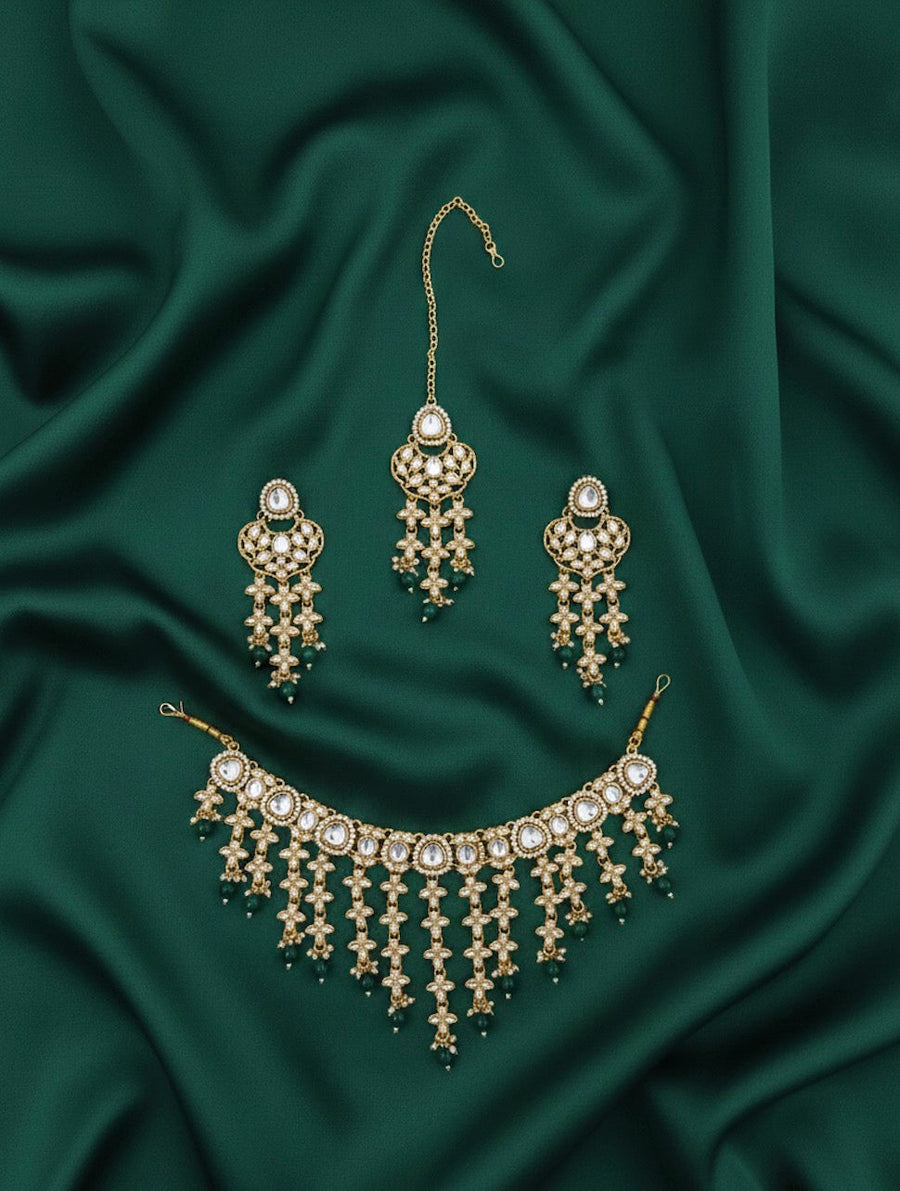 Trendy Kundan Necklace With Earings & Mang Tika
