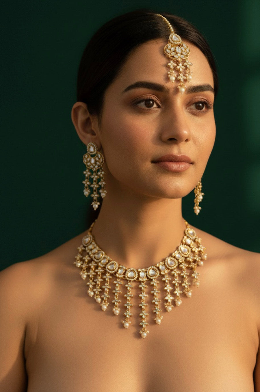 Emerald Kundan Necklace With Earings & Mang Tika