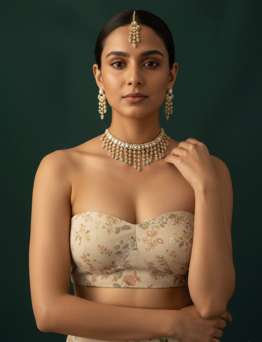 Fancy Emerald Kundan Necklace With Earings & Mang Tika