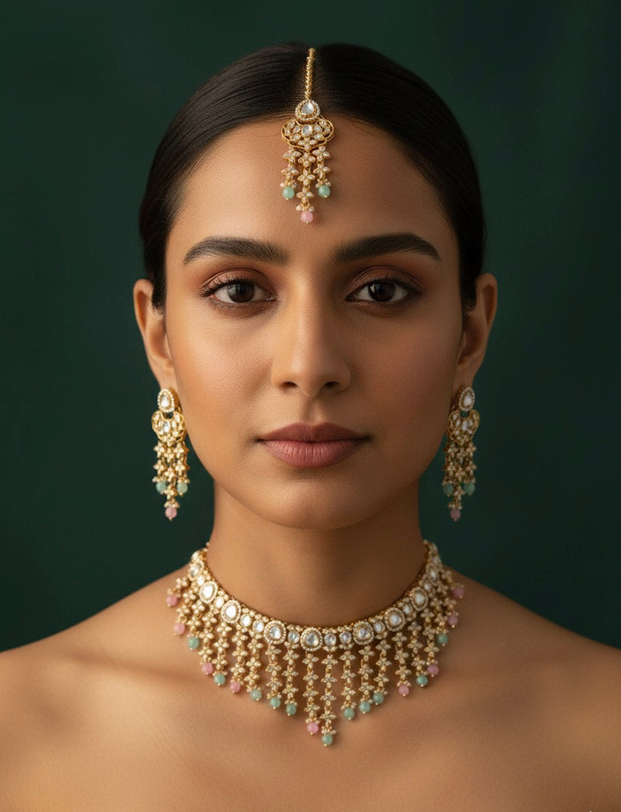 Fancy Emerald Kundan Necklace With Earings & Mang Tika
