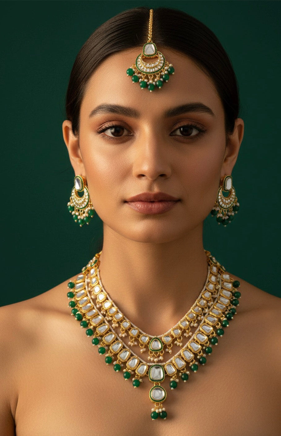 Women Emerald Kundan Necklace With Earings & Mang Tika